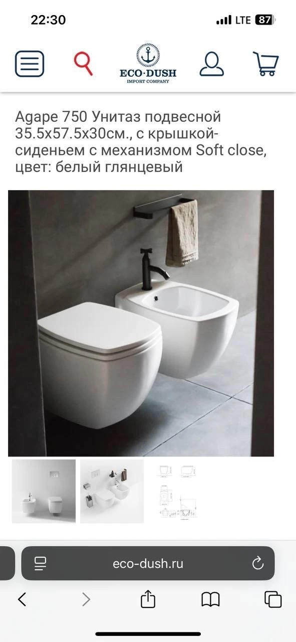 Agape 750 Унитаз подвесной 35,5х57,5х30 см., с крышкой-сиденьем с механизмом Soft close, цвет: белый глянцевый